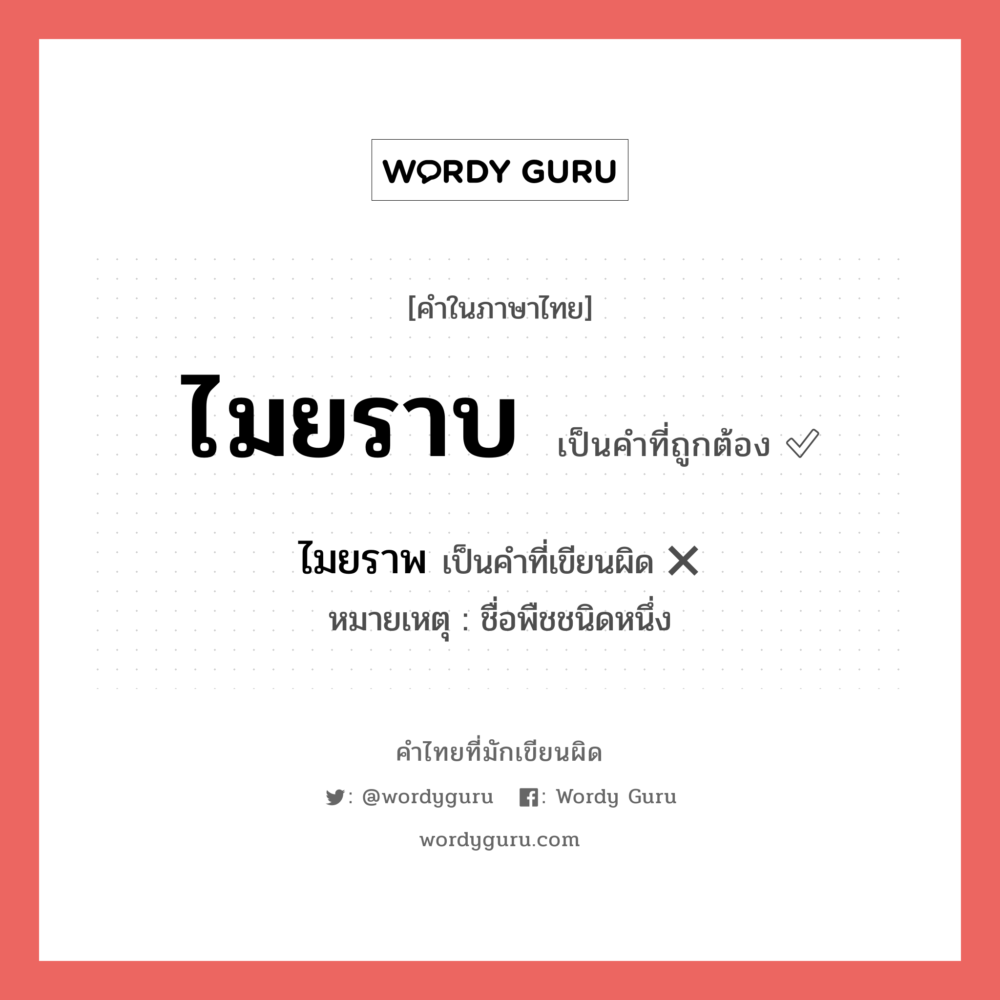 ไมยราบ หรือ ไมยราพ เขียนยังไง? คำไหนเขียนถูก?, คำในภาษาไทยที่มักเขียนผิด ไมยราบ คำที่ผิด ❌ ไมยราพ หมายเหตุ ชื่อพืชชนิดหนึ่ง